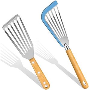 KLAQQED Fish Spatula, Silicone Fish Spatula for Nonstick Cookware, Flexible Metal Fish Spatula Stainless Steel Fish Spatula, Small Fish Slotted Spatula Turner, Spatulas Set, Wood Handle Fish Spatula