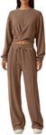 QINSEN Women 2 Piece Outfits Sweatsuit Set Twist Front Cropped Sweatshirt Wide Leg Sweatpant Lounge Set Tracksuit, Caramel, Large