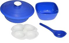 Microwave Starter Kit, Dhokla, Idly Maker and Rice Cooker Set, 4 Pieces, Blue