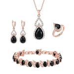 EleQueen Sparkle Cubic Zirconia Black Rose Gold-Tone Pear-Shaped Pendant Necklace Leverback Earrings Adjustable Rings Tennis Braclet Set for Women s, 4 Pieces Wedding Bridal Jewelry Set for Brides Bridemaids, Valentine's Day/Mother's Day/Christmas Jewelry Gift for friend/Mom/Her