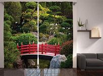 Ambesonne Apartment Decor Collection, Tiny Bridge Over Pond Japanese Garden Monte Carlo Monaco Along with Trees and Plants, Living Room Bedroom Curtain 2 Panels Set, 108 X 84 Inches, Red Green