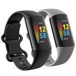 2 Pack Waterproof Bands Compatible with Fitbit Charge 5 / Fitbit Charge 6 Bands for Women Men, Classic Soft Sports Replacement Wristbands for Women Men (Small 5.5''-7.8'', black/grey)