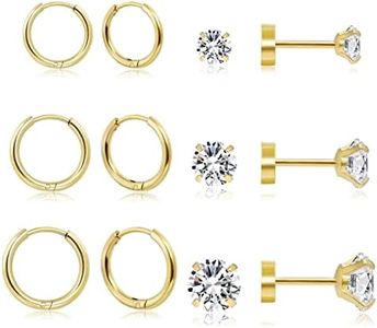 Dainty 6 Pairs Earrings Sets for Multiple Piercing, Lightweight 14K Gold Plated Small Huggie Hoop Earrings, Lobe, Hypoallergenic (14K Gold Plated- Huggie Hoops and CZ Studs)