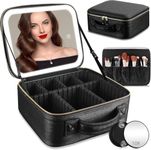 INOVERA Makeup Organizer Bag for Women, Girls & Bride - Cosmetic Brushes Storage Kit with Removable 3 LED Lighting Mirror and Adjustable Compartments - Travel Toiletry Vanity Box Bags (Black)