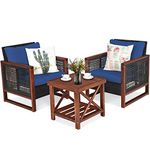 Tangkula 3 Pieces Patio Wicker Furniture Set, Rattan Outdoor Sofa Set w/Washable Cushion & Acacia Wood Coffee Table, Conversation Bistro Set for Garden Balcony Backyard (Blue)