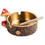 Cute Mushroom Ashtray with Stainless Steel Tray for Cigarette, Natural Resin Ash Tray for Indoor or Outdoor use, Ash Holder for Home and Garden Decor(Small)