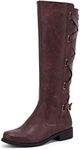 Syktkmx Womens Strappy Motorcycle Knee High Boots Winter Lace Up Riding Flat Low Heel Shoes, Burgundy, Size 8