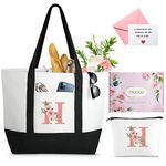 Personalized Friend Birthday Gifts for Women, Floral Ini-tial Large Tote Bag, Can-vas Beach Bag w Makeup Bag, Bridesmaid Bridal Shower Nurse Teacher Gifts w Inner Pocket, Top Zi-pper, Gift Box, Card H