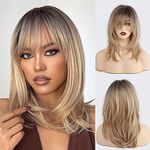 HAIRUCBE Ombre Blonde Wigs for Women Shoulder Length Heat Resistant Synthetic Wigs with Bangs