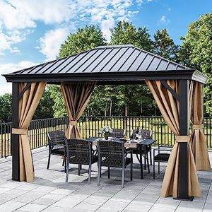 YITAHOME 10X12FT Metal Hardtop Gazebo Outdoor Patio Single Top Canopy Galvanized Iron Aluminum Column Garden Tent Curtains Netting for Backyards Decks Lawns,Brown