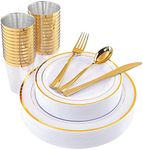 LATERN 150Pcs Multi-Use Gold Plastic Dinnerware Set, 25Pcs Resuable Dinner Plates, 25Pcs Salad Plates, 25Pcs Knives, 25Pcs Mini Forks, 25Pcs Spoons, 25Pcs Cups for Wedding Anniversary Garden Party