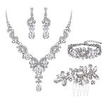 EVER FAITH Women Wedding Jewelry Set for Bride, White Austrian Crystal Art Deco Floral Teardrop Bridal Necklace Earrings Bracelet Hair Comb Set for Women Prom Party