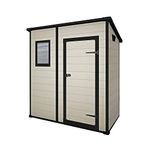 Keter Manor Outdoor Pent Single Door Garden Storage Shed 6 x 4ft Beige Brown Wood Effect Fade Free All Weather Resistant Safe And Secure Zero Maintenance 15 year Warranty