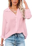 Womens Blouse Casual Long Sleeve Shirt Tops V Neck Button Down Shirts Basic Loose Tunic T Shirts (M, Pink)