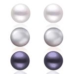 Boxed Set 3 pairs 8mm Genuine Freshwater Cultured Pearl Stud Earrings in 925 Sterling Silver (White, Grey, Peacock Black)