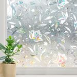 Haton Window Film for Privacy 3D Flowers Stained Glass Window Sticker Removable Non-Adhesive Window Clings Decorative Static Vinyl Window Decals Anti-UV, Tulip Flower Pattern 17.5"x118.1"(44.5x300cm)