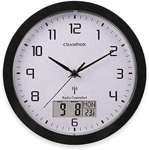 Champion 25cm MSF Radio Controlled Quartz wall clock with inset LCD display with day/date - Black