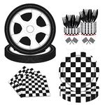 Poqirzan 144 Pieces Racing Car Birthday Party Supplies Boys Race Car Birthday Decorations Black and White Checkered Race Car Party Supplies Car Theme Paper Plates Napkins Cups Forks Knives Serve 24