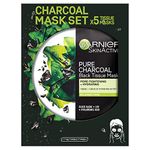 Garnier Charcoal and Algae Purifying Tissue Mask, Hydrating Tissue Face Sheet Mask for Enlarged Pores Pack of 5