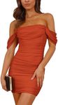 PRETTYGARDEN Women's Summer Mini Ruched Bodycon Dress Off Shoulder Sleeveless Cocktail Party Short Fitted Dress (Rust Red,Large)