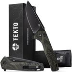 TEKTO F3 Charlie Button Lock Folding Knife, Oversized Fine Edge Blade, Tactical Damascus G10 Handle - Easy Open Pocket Knife with Titanium Coated D2 Steel & Black Titanium Barrel Spacers