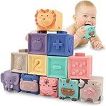 ZaxiDeel Baby Blocks 12 Pack, Soft Building Block Bath Toys, Montessori Stacking Toys for Toddlers, Sensory Teethers Toy Educational Squeeze Play with Numbers Animals Shapes Textures