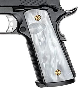 Cool Hand 1911 Magwell Grips, Full Size Government Commander, High Polished Synthetic White Pearl, Gold Screws Included, Ambi Safety Cut