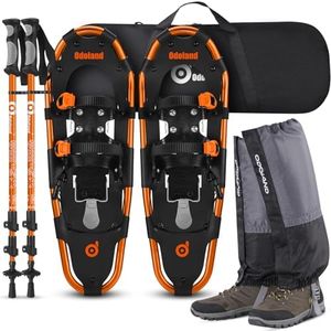Odoland 4-in-1 Snowshoes Snow Shoes for Men and Women with Trekking Poles, Carrying Tote Bag and Waterproof Snow Leg Gaiters, Lightweight Snow Shoes Aluminum Alloy, Orange, Size 30''