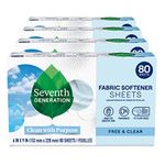 Seventh Generation Dryer Sheets Fabric Softener Free & Clear Fragrance Free 80 Sheets, Pack of 4