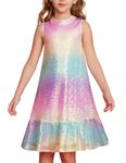 GRACE KARIN Girls Midi Dress for Wedding with Sequin Children's Party Sleeveless Round Neck Knee Length Dress A-line Ruffle Midi Dress Rainbow 10-12 Years