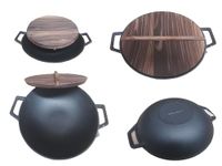 Vintage Gourmet ® Authentic Pre-Seasoned 35cm Diameter Cast Iron Large Deep Wok with Two Integral Handles, Flat Bottom Overall 42cm Wide -Versatile Cookware Complete with Sealed Wooden Lid Best Taste