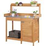 Yaheetech Garden Potting Table Wood Planting Workbench Table w/Cabinet & Drawers Metal Surface Workstation with Hooks/Shelf for Patios Yard Lawn-Wood