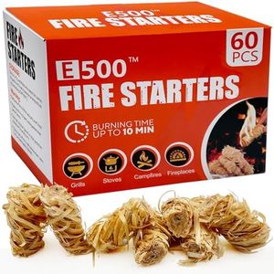 E500 Fire Starter - 60 PCS Natural Fireplaces Fire Starter for Camping, BBQ, Fire Pit & Wood Fireplace - Charcoal Fire Starter for Grill