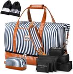 Lekebobor Travel Duffel Bag Sport Gym Bag with Toiletry Bag & 6Pcs Storage Bag, Weekender Overnight Bag for Women Carry on Bag Hospital Bag with Shoe Compartment, 50L, Striped