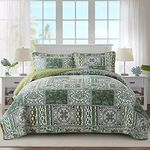 NEWLAKE Cotton Bedspread Quilt Sets-Reversible Patchwork Coverlet Set, Green Classic Bohemian Pattern,King Size