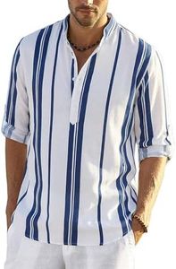 COOFANDY Men's Cotton Linen Henley T-Shirt Long Sleeve Striped Casual Beach T-Shirts Hippie Summer Button Tee
