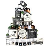 Mifoci 18 Pcs Farmhouse Tiered Tray Decor Home Wooden Signs Rustic Sweet Home Vintage Home Tabletop Spring Summer Table Centerpiece Black White Car Wood Block for Home Kitchen Table Bar Housewarming