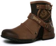 DBECK Moto Boots for Men Western Cowboy Boots Fashion Side Zipper Buckle Leather Chukka Boots Shoes Anti Slip Ankle Motorcycle Combat Ankle Dress Boots Men Martin Boots Hiking Shoes, Brown, 6.5