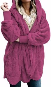 Zilcremo Women Hooded Cardigan Fuzzy Jacket Winter Open Front Fleece Coat Outwear with Pockets Fuchsia M