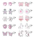 LOLIAS 10 Pairs Cute Screw Back Earrings for Women Girls Stainless Steel Multicolored Heart Flower Butterfly Rainbow CZ Stud Earrings Hypoallergenic Screwback Stud Earring