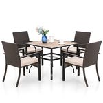 MFSTUDIO Patio Dining Table and Chairs Set 5Pcs, 94 CM Square Wood-Like Table, 4 Outdoor Rattan Wicker Chairs With Beige Cushion for Porch, Balcony,Garden, Poolside, Backyard