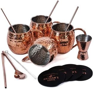 Artisan’s Anvil Moscow Mule Mugs – Cocktail Set of 4 Moscow Mule Cups with Straws, Coasters, Jigger, Stirrer - Stainless Steel Hammered Mug Set – Copper Mule Mugs for Mixed Drinks, Beverages
