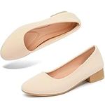 ALTOCIS Women’s Low Block Chunky Heels Pumps Ladies Elegant Closed Round Toe Pumps Shoes Low Platform Office Pumps Shoes, Nature, 6