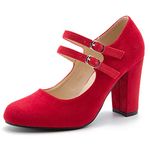 Women's Mary Jane Dress Shoes Double Strap Closed Round Toe Block High Heel Pumps, Suede Red, 7 UK