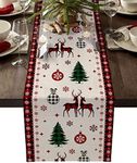 Christmas Table Runner Cotton Linen Dresser Scarves 70In Long, Farm Xmas Tree Reindeer Table Runners for Kitchen Coffee/Dining Table Holiday Event Party Dinner Snowflake on Red Black Buffalo Plaid