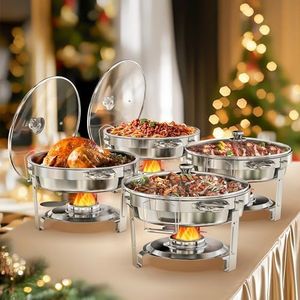 WARMOUNTS 4-Pack Chafing Dish Buffet Set, 5QT Round Buffet Servers Warmers Set, Stainless Steel Catering Food Warmer with Glass Lid & Holder for Party