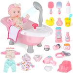 deAO Baby Doll Bath Play Set with Real Working Bathtub, Clothes and Bath Accessories, Small Baby Doll Bath Toys for 3 4 5 6 7 8 Years Old Girls