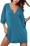 Ekouaer Women's Sleepshirt Deep V Neck Nightgown Batwing Nightshirt Oversized Sleepwear, Blue Green, X-Large