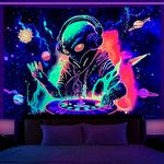 OSVINO Blacklight Alien Tapestry UV Reactive Alien DJing Wall Tapestry UFO Psychedelic Planet Posters Wall Hanging for Bedroom Living Room Dorm, 90"x70"