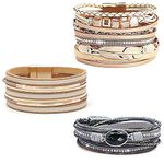Wowanoo 3Pack Leather Cuff Bracelet Set Multilayer Wrap Bracelet Crystal Leopard Bracelet Magnetic Clasp Bracelet for Women Khaki Brown Black